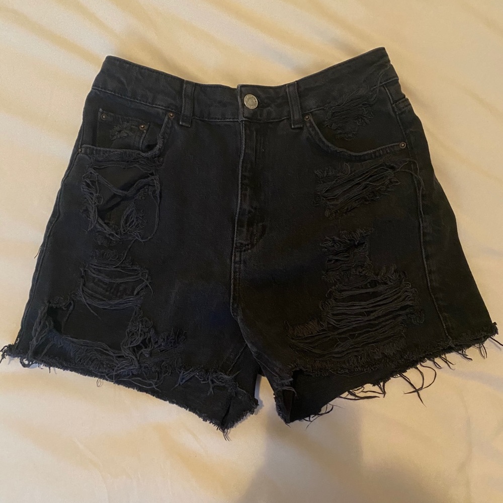 Topshop shredded high waisted black denim shorts